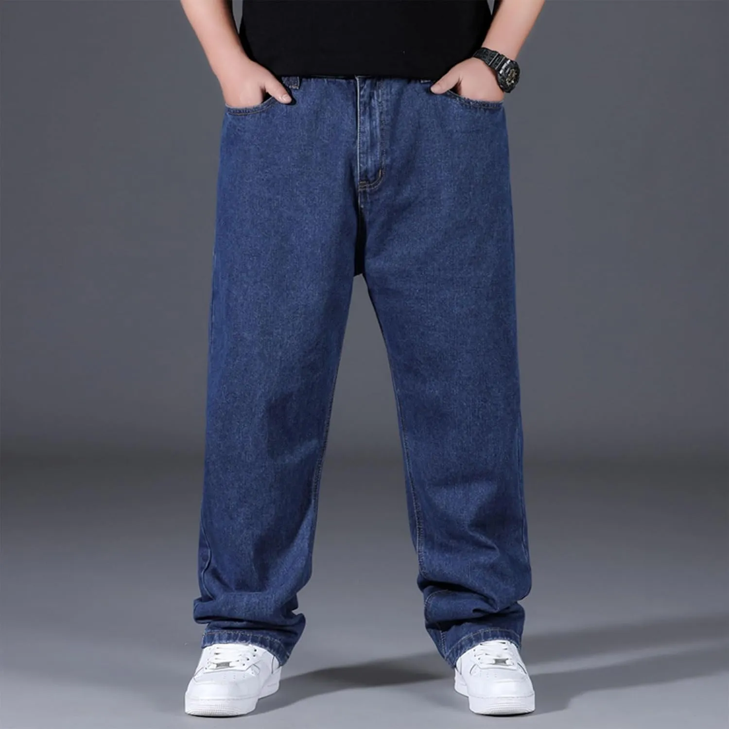 Plus Size Men's Baggy Jeans Relaxed Fit Straight Loose Jean Sweatpants Teen Boys Elastic Waist Pull On Denim Pants
