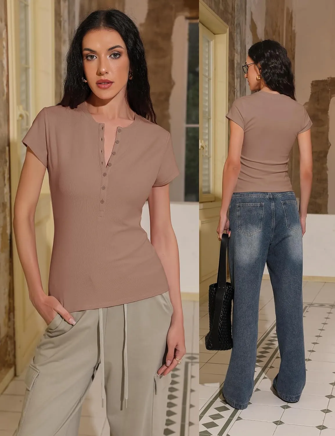 Prettywear Womens 2025 Summer Casual Basic Tops Short Sleeve V Neck Fitted Button Up Henley Shirts