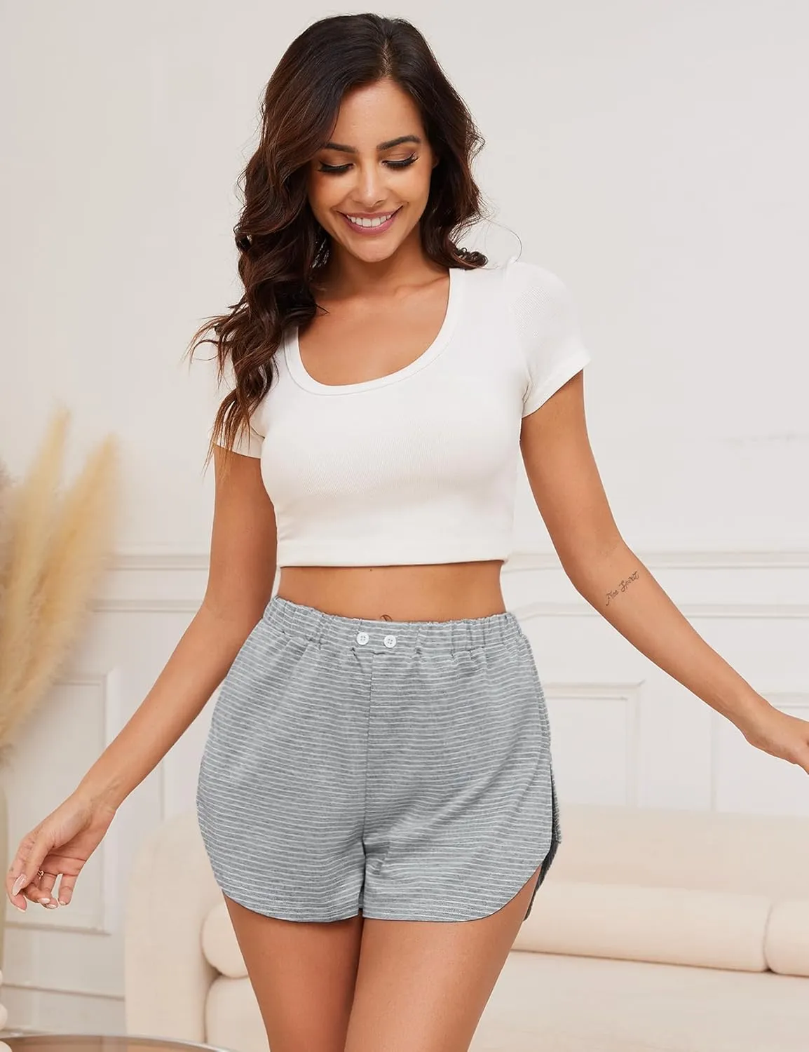 Prosoft&Hawiton Women Pajama Shorts Striped Sleeping Shorts Sleepwear Lounge Pj Bottoms with Button Front