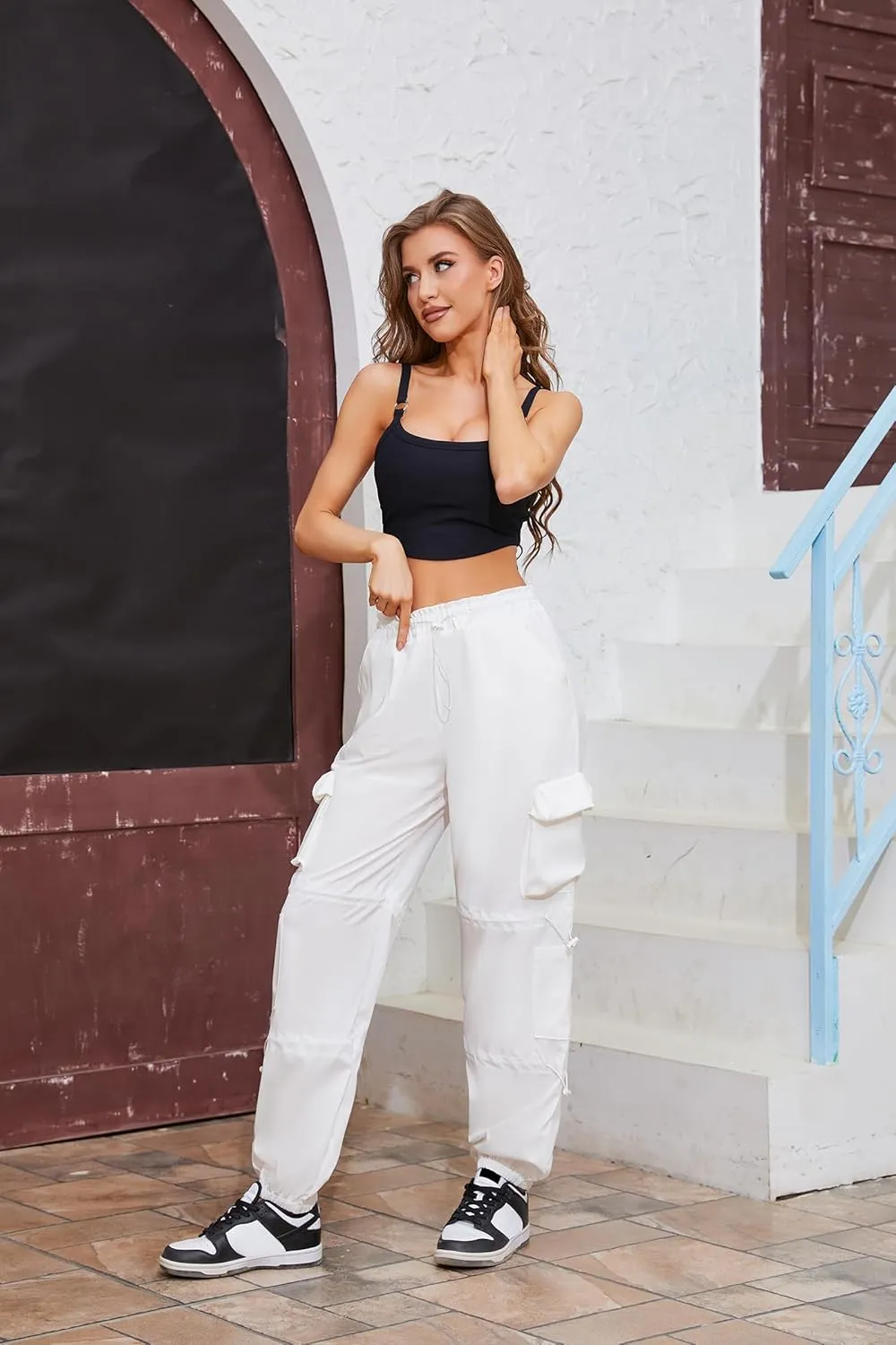 QYANGG Parachute Pants for Women Drawstring Elastic Low Waist Ruched Cargo Pants Multiple Pockets Jogger Y2K