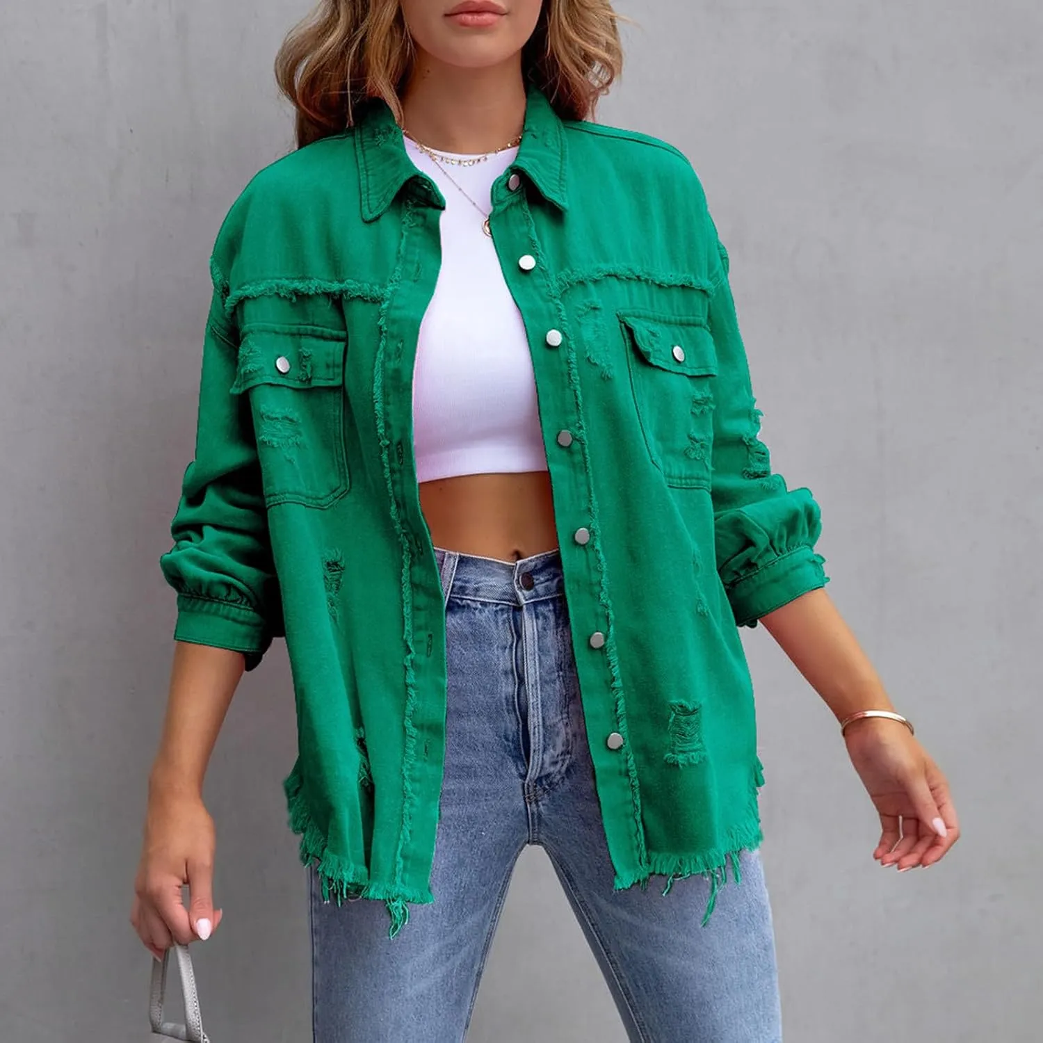 Ripped Distressed Denim Jacket For Women Casual Long Sleeve Button Down Boyfriend Jean Coat Basic Trucker Jackets