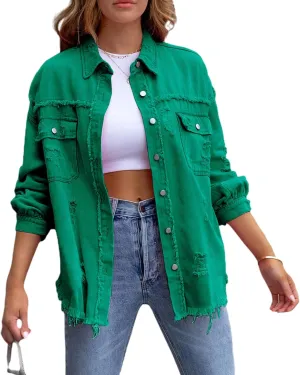 Ripped Distressed Denim Jacket For Women Casual Long Sleeve Button Down Boyfriend Jean Coat Basic Trucker Jackets