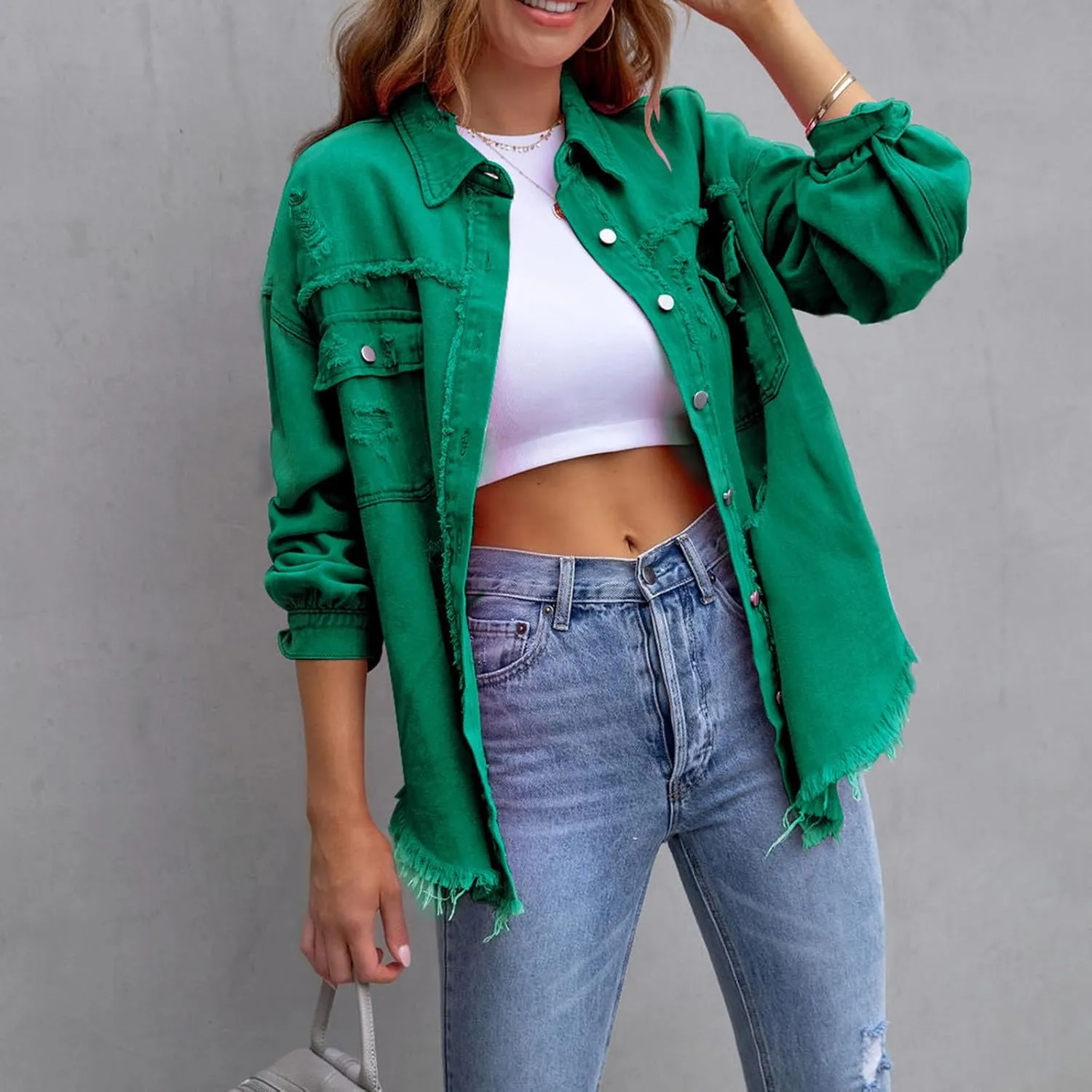 Ripped Distressed Denim Jacket For Women Casual Long Sleeve Button Down Boyfriend Jean Coat Basic Trucker Jackets
