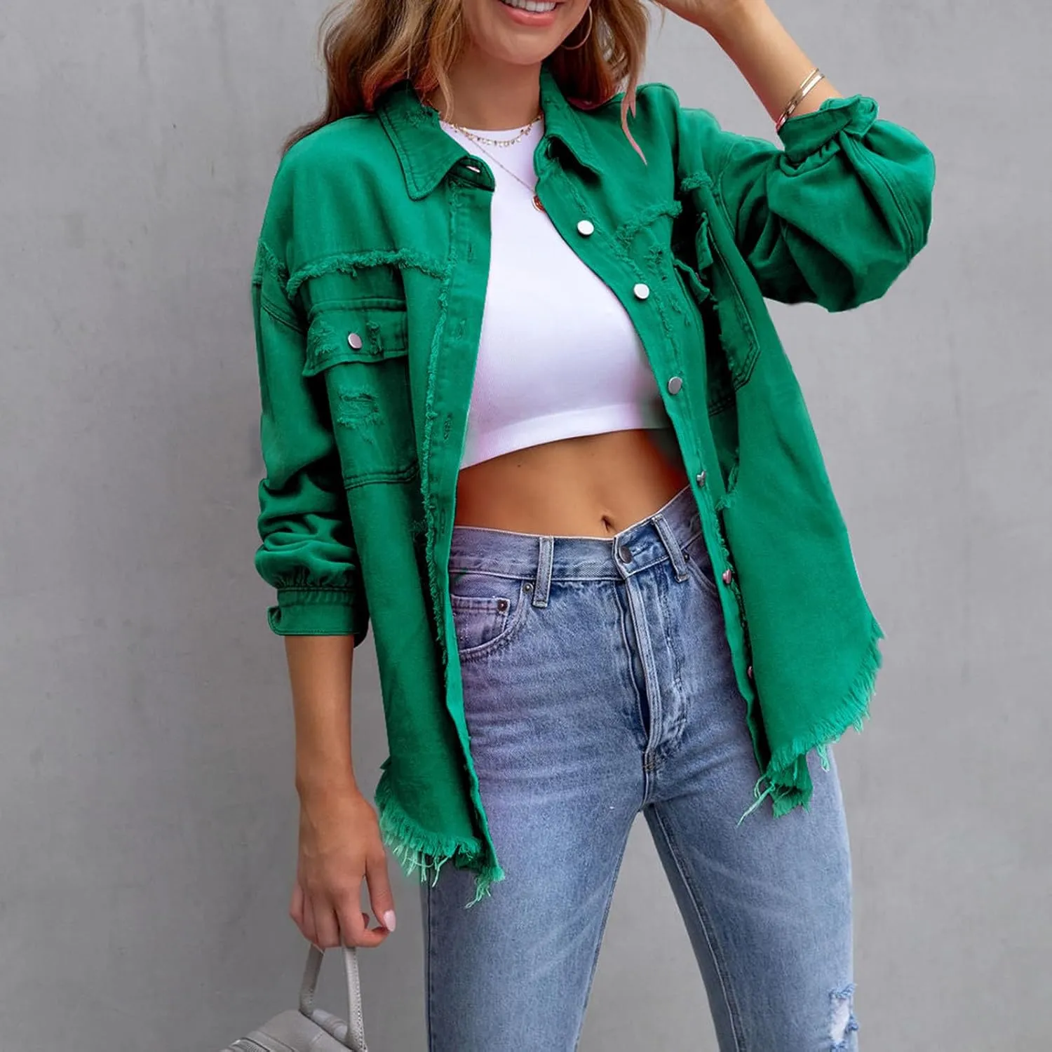 Ripped Distressed Denim Jacket For Women Casual Long Sleeve Button Down Boyfriend Jean Coat Basic Trucker Jackets