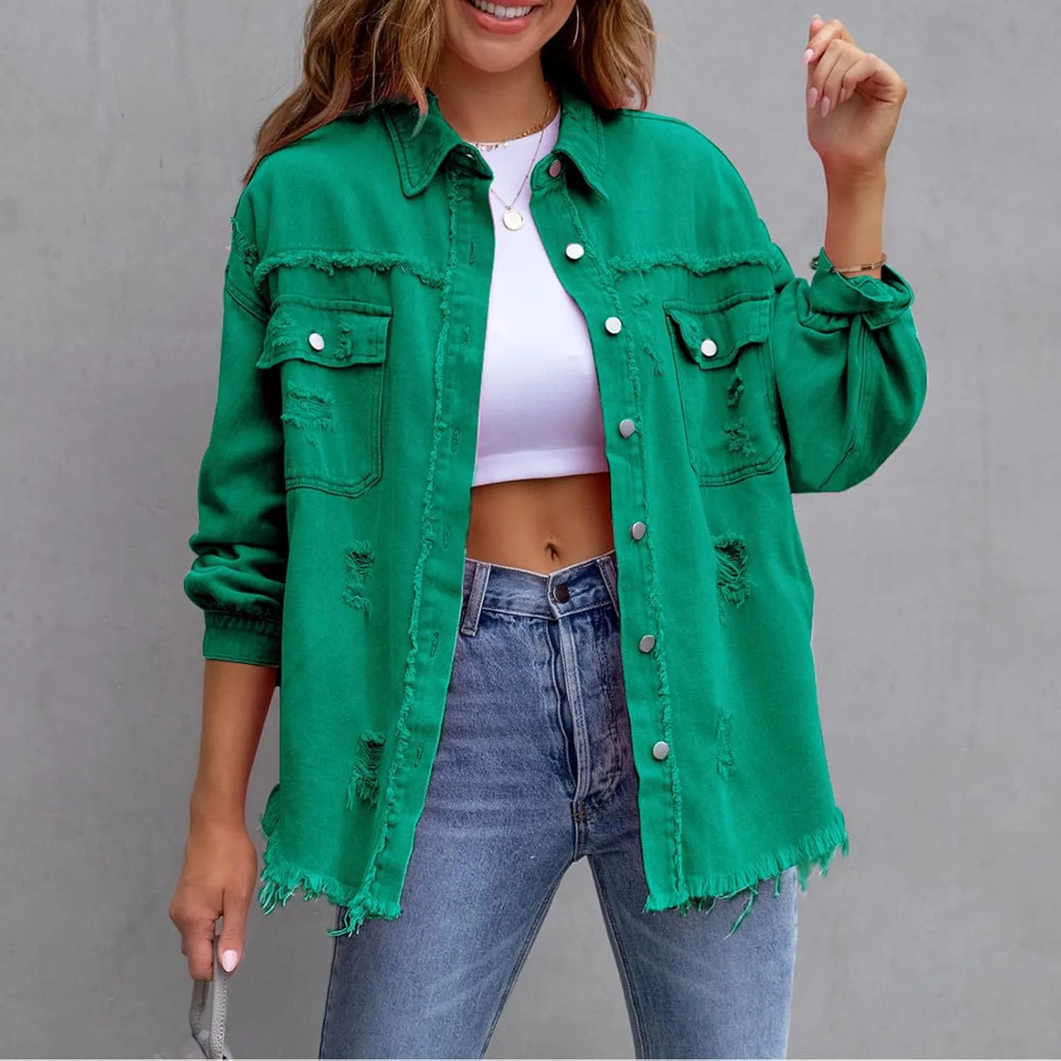 Ripped Distressed Denim Jacket For Women Casual Long Sleeve Button Down Boyfriend Jean Coat Basic Trucker Jackets
