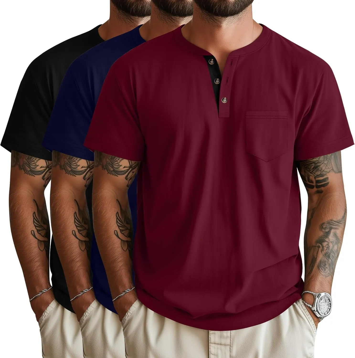 Riyiper 3 Pack Men's Henley T-Shirts Short Sleeve Pocket Cotton Classic Tops Casual Basic Tees with Button Summer Trendy