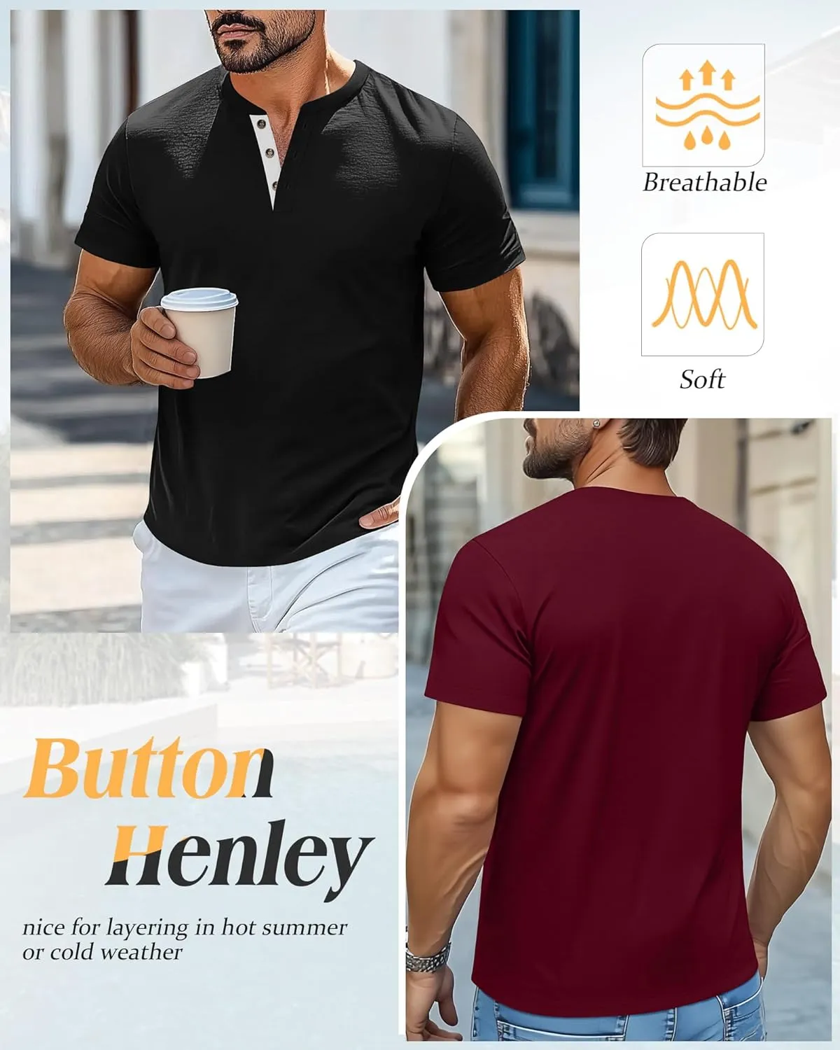 Riyiper 3 Pack Men's Henley T-Shirts Short Sleeve Pocket Cotton Classic Tops Casual Basic Tees with Button Summer Trendy