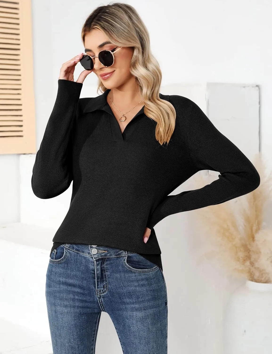Romanstii Women's Knitted Collared Sweaters Long Sleeve V-Neck Polo Shirts Winter Pullover Tops