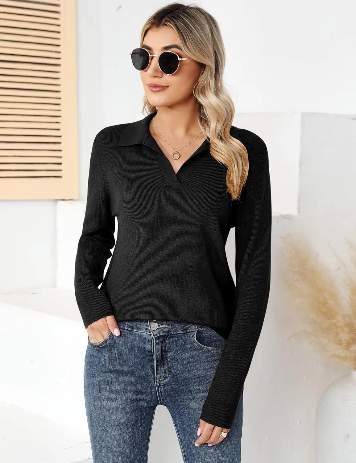 Romanstii Women's Knitted Collared Sweaters Long Sleeve V-Neck Polo Shirts Winter Pullover Tops