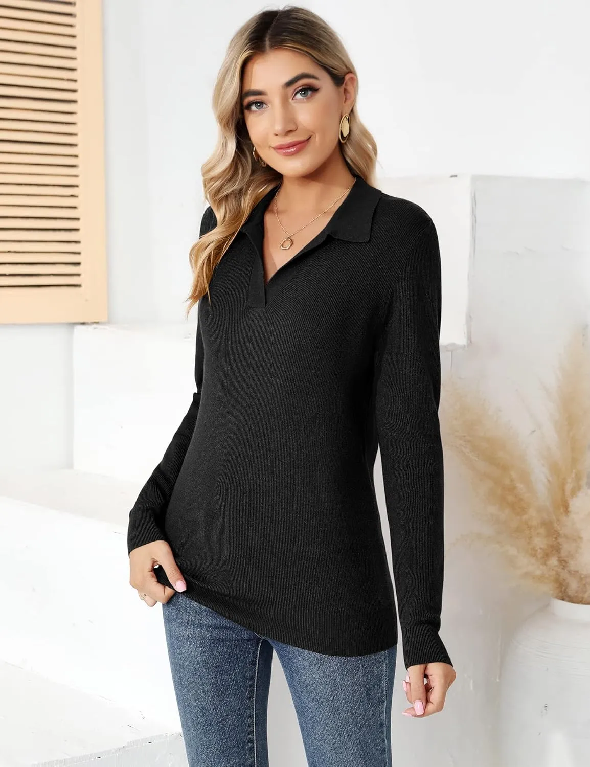 Romanstii Women's Knitted Collared Sweaters Long Sleeve V-Neck Polo Shirts Winter Pullover Tops