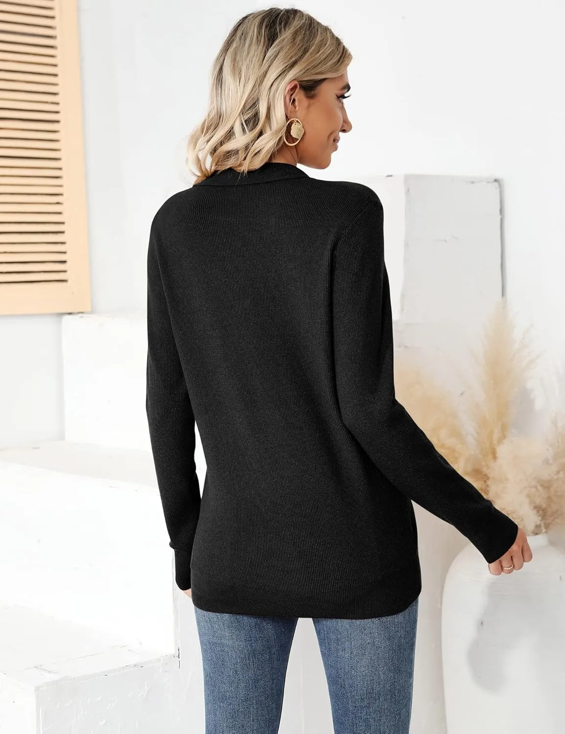 Romanstii Women's Knitted Collared Sweaters Long Sleeve V-Neck Polo Shirts Winter Pullover Tops