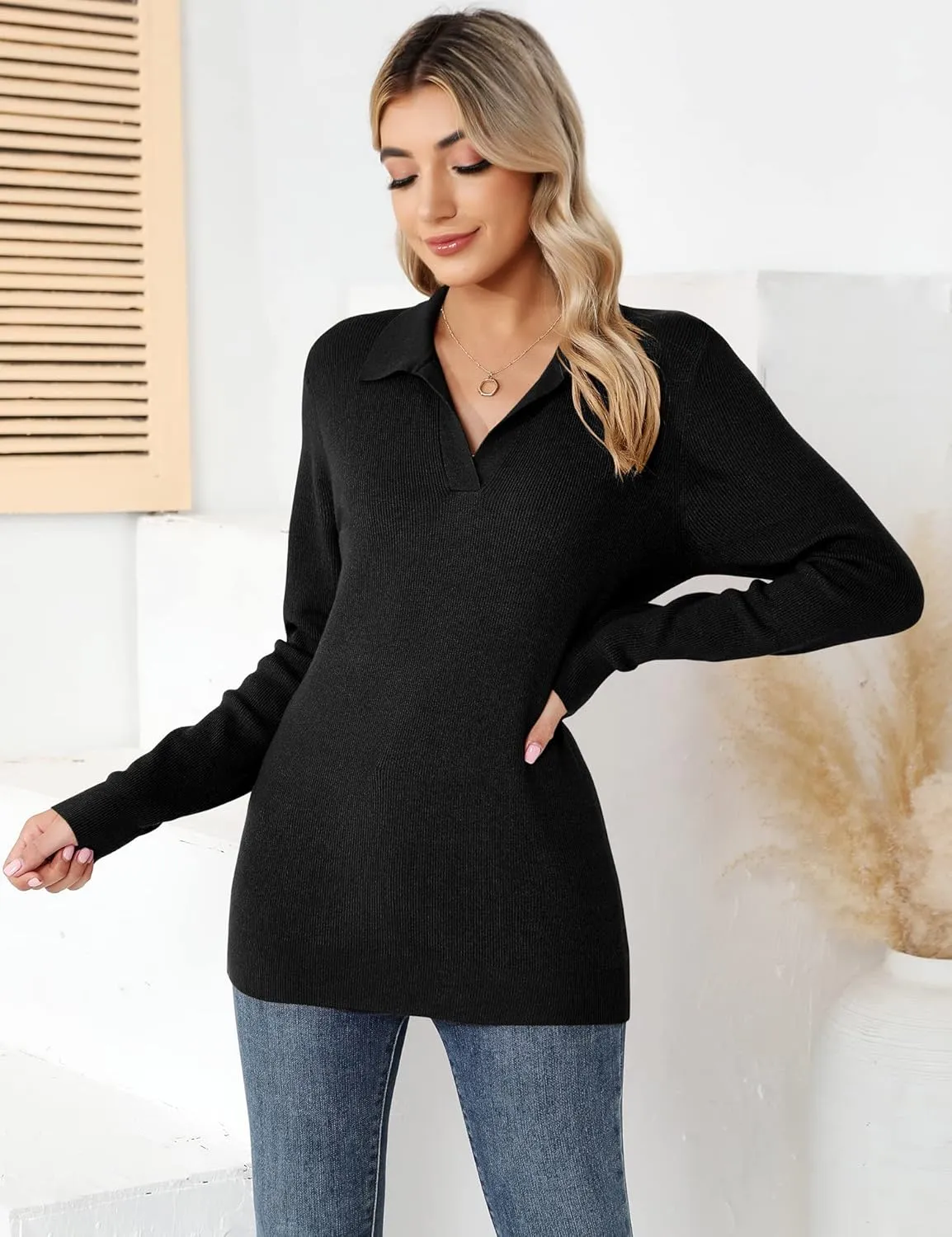 Romanstii Women's Knitted Collared Sweaters Long Sleeve V-Neck Polo Shirts Winter Pullover Tops