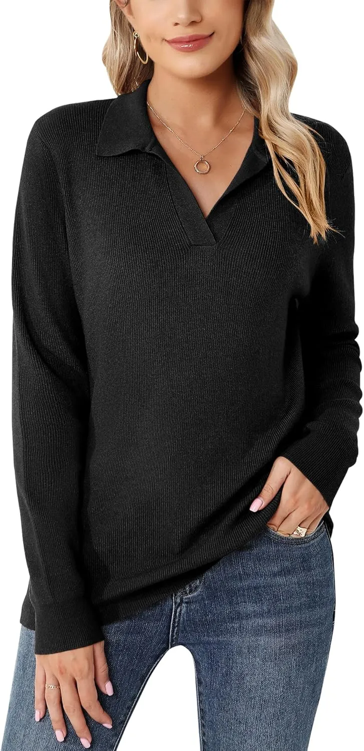 Romanstii Women's Knitted Collared Sweaters Long Sleeve V-Neck Polo Shirts Winter Pullover Tops