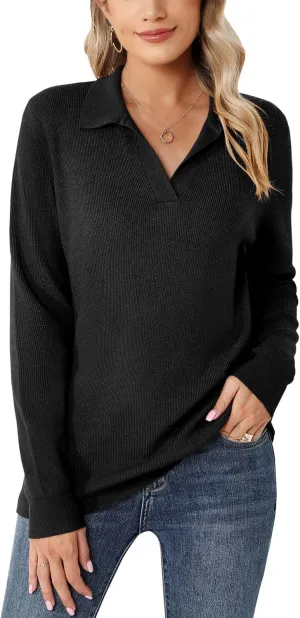 Romanstii Women's Knitted Collared Sweaters Long Sleeve V-Neck Polo Shirts Winter Pullover Tops