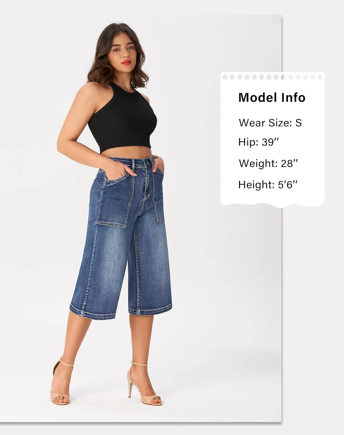 roswear Women’s Wide Leg Capri Pants Stretchy High Waisted Loose Denim Jeans