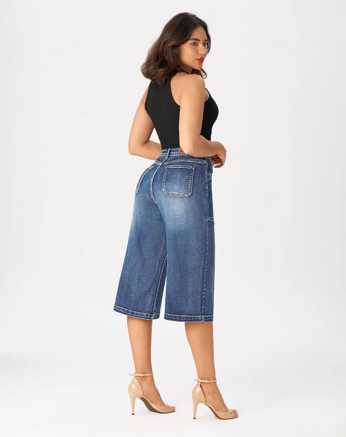 roswear Women’s Wide Leg Capri Pants Stretchy High Waisted Loose Denim Jeans