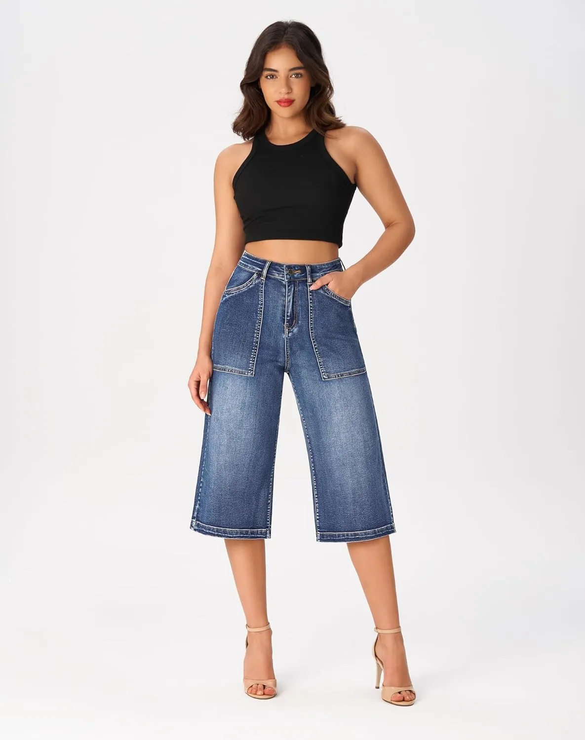 roswear Women’s Wide Leg Capri Pants Stretchy High Waisted Loose Denim Jeans