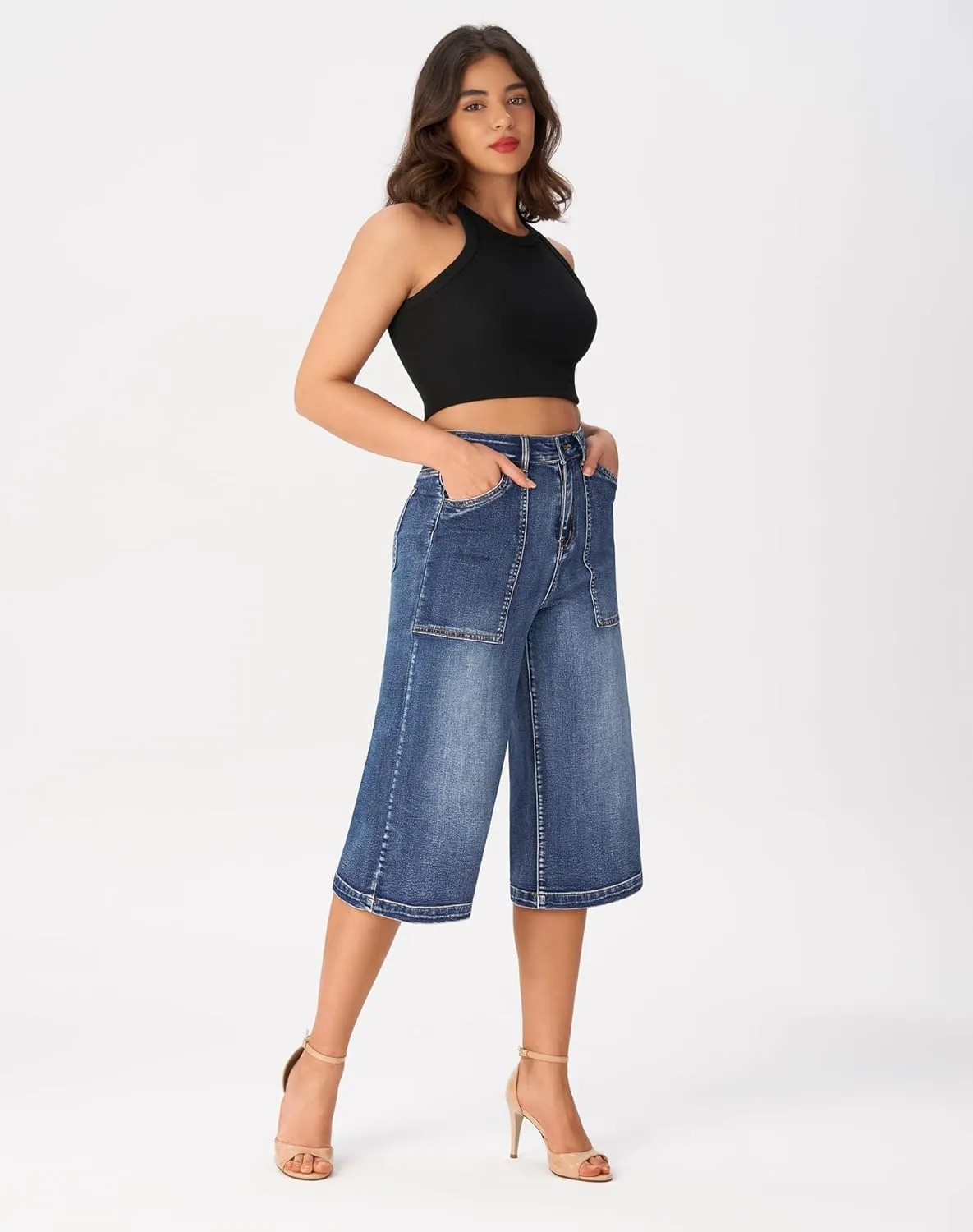 roswear Women’s Wide Leg Capri Pants Stretchy High Waisted Loose Denim Jeans