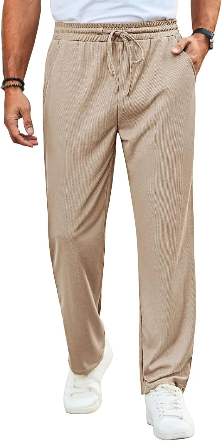 Runcati Mens Casual Pants Drawstring Elastic Waist Ribbed Sweatpants Straight Leg Loose Fit Trousers