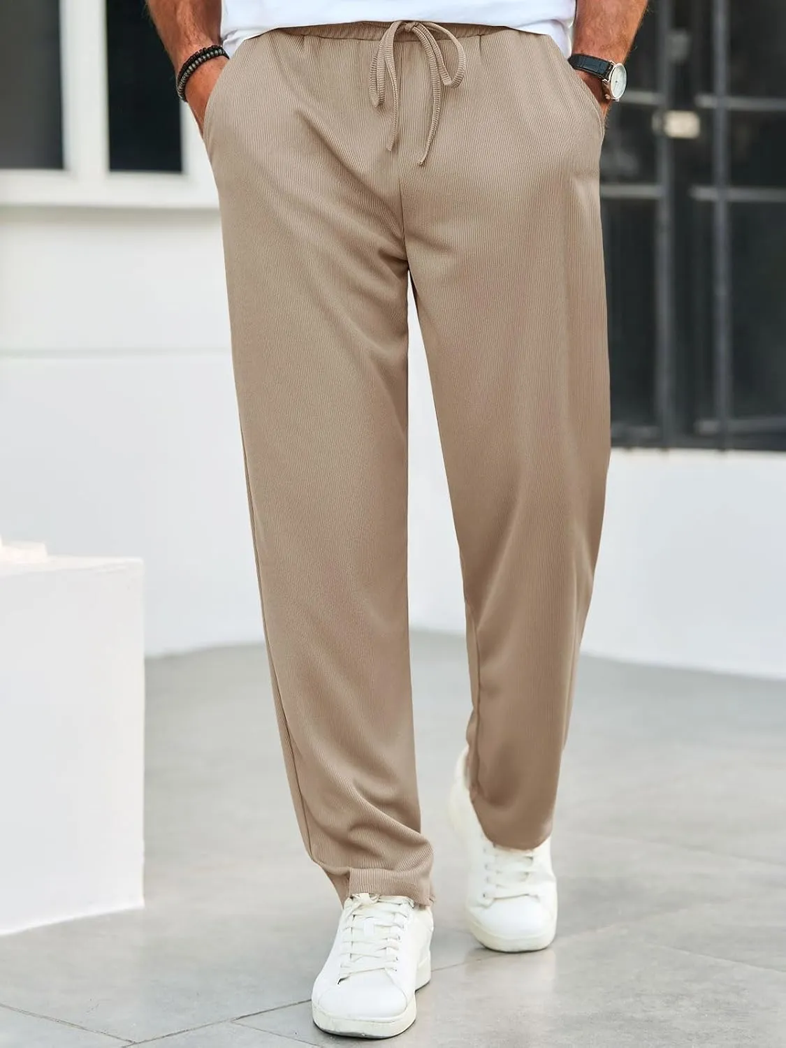 Runcati Mens Casual Pants Drawstring Elastic Waist Ribbed Sweatpants Straight Leg Loose Fit Trousers