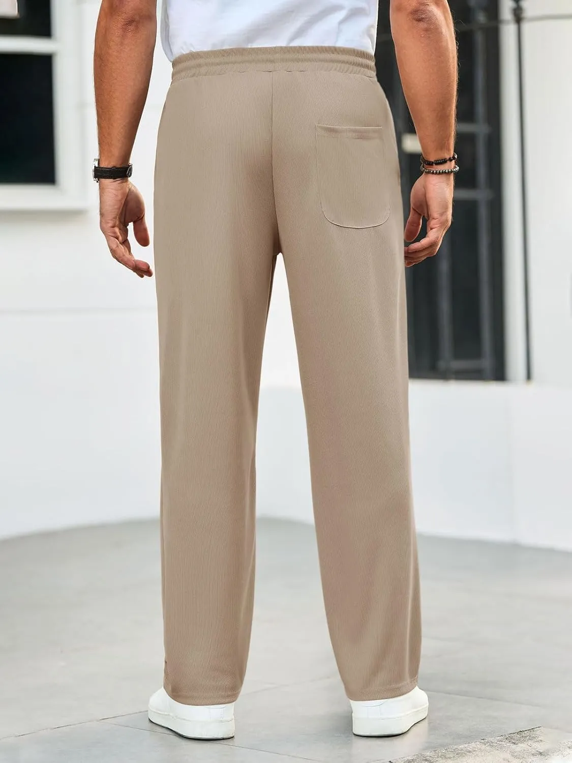 Runcati Mens Casual Pants Drawstring Elastic Waist Ribbed Sweatpants Straight Leg Loose Fit Trousers