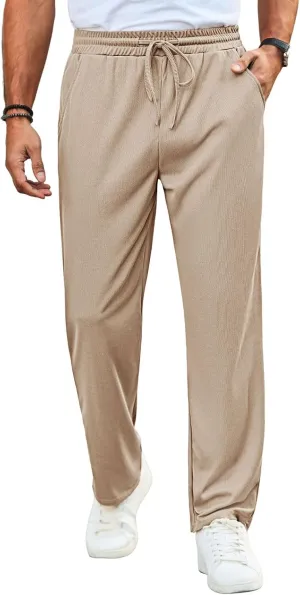 Runcati Mens Casual Pants Drawstring Elastic Waist Ribbed Sweatpants Straight Leg Loose Fit Trousers