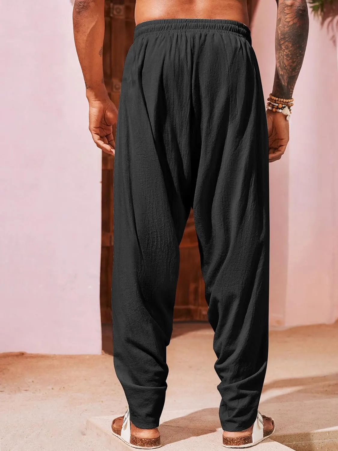 Runcati Mens Linen Harem Pants Casual Elastic Waist Pants Baggy Boho Yoga Hippie Summer Beach Kurta Dhoti Trousers