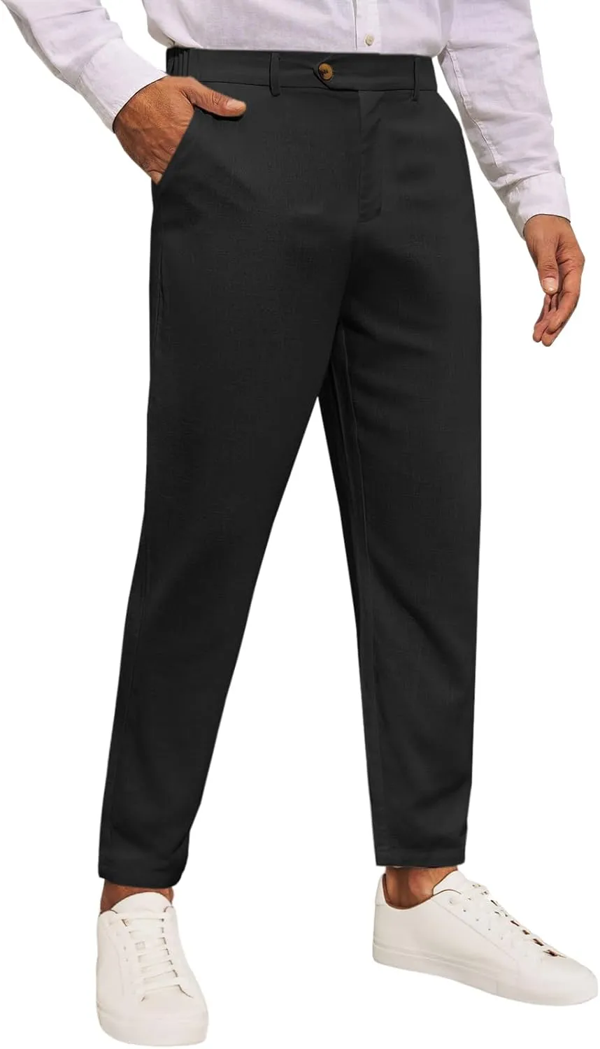 Runcati Mens Slim Fit Casual Pants Cotton Linen Tapered Pants Elastic Waist Summer Beach Lightweight Trousers
