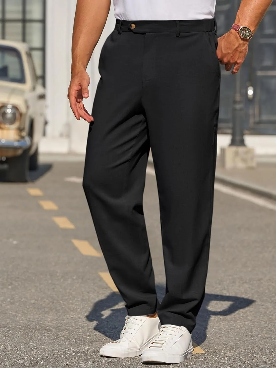 Runcati Mens Slim Fit Casual Pants Cotton Linen Tapered Pants Elastic Waist Summer Beach Lightweight Trousers
