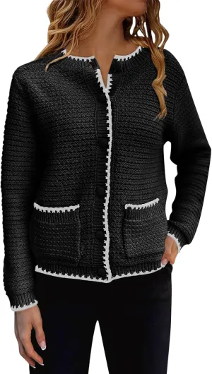 Saodimallsu Womens Button Down Cardigan Sweaters Long Sleeve Open Front Cropped Knit Jacket Coats with Pockets