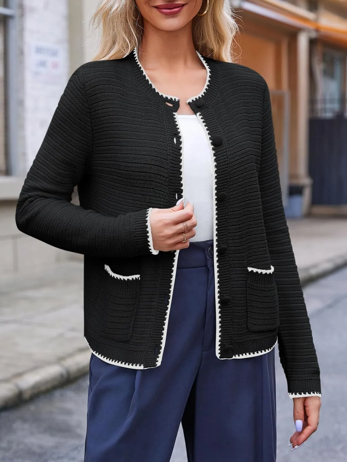 Saodimallsu Womens Button Down Cardigan Sweaters Long Sleeve Open Front Cropped Knit Jacket Coats with Pockets