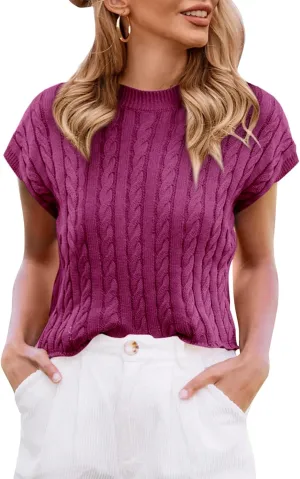 Saodimallsu Womens Summer Crewneck Crop Tops Casual Loose Fit Cable Knit Pullover Sweater