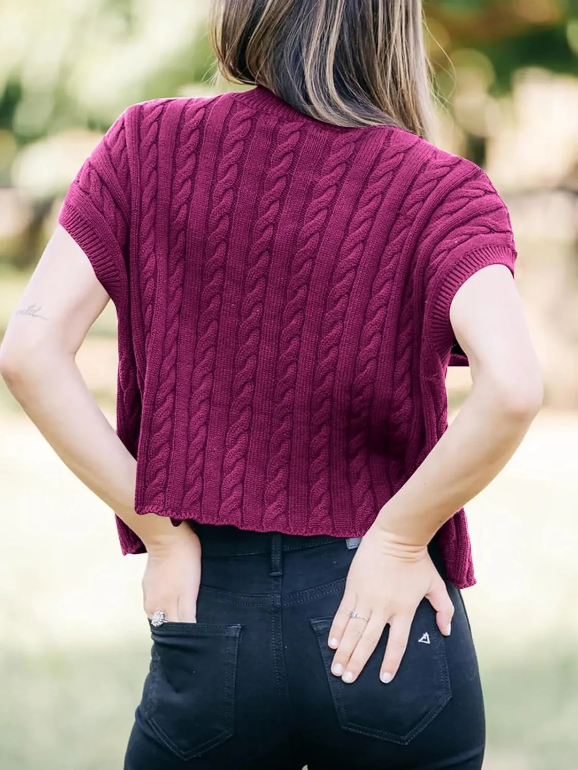 Saodimallsu Womens Summer Crewneck Crop Tops Casual Loose Fit Cable Knit Pullover Sweater
