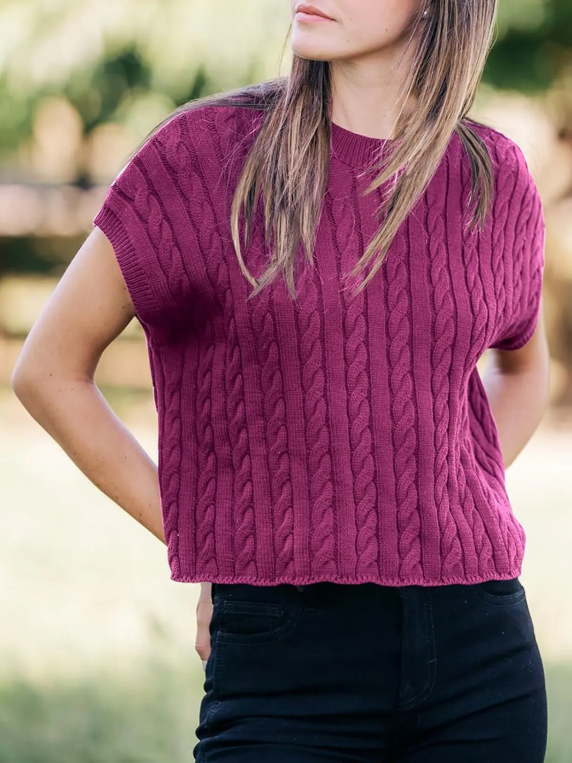 Saodimallsu Womens Summer Crewneck Crop Tops Casual Loose Fit Cable Knit Pullover Sweater