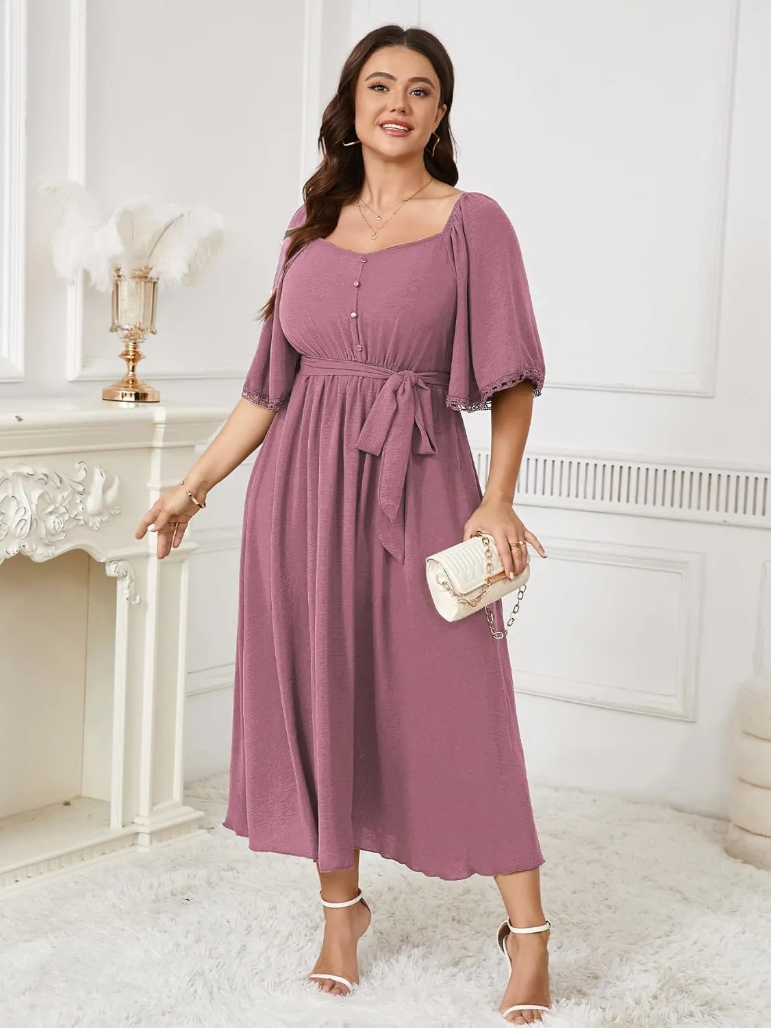 SCOMCHIC Women's Plus Size Summer Maxi Dress Sweetheart Neckline 3/4 Sleeve A Line Flowy Wedding Guest Cocktail Dress
