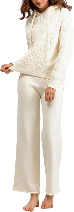 sdbrld Lounge Sets for Women 2 Piece,Womens Lounge Sets Outfit Long Sleeve Hooded Sweater Wide Leg Pants Lounge Set Tracksuit