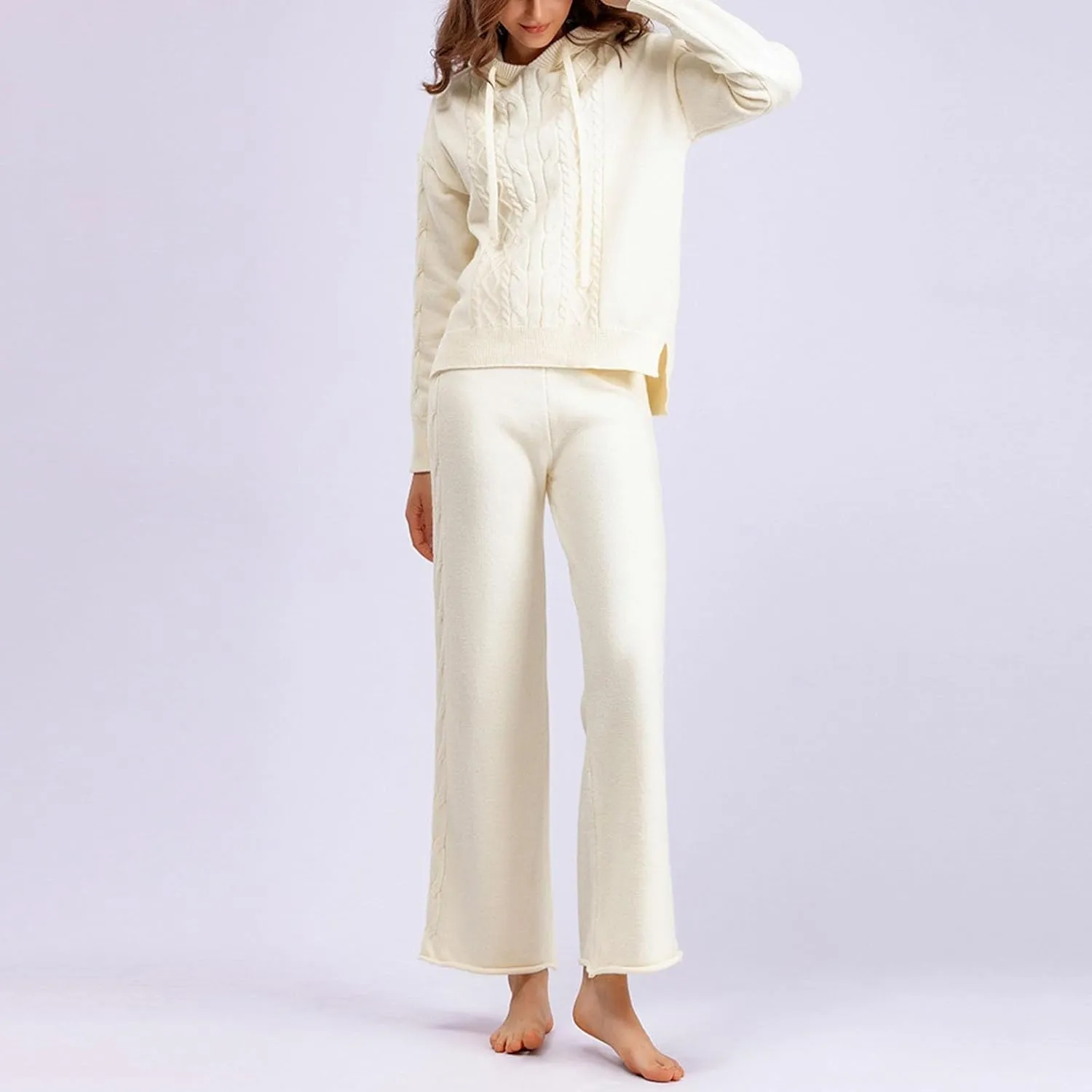 sdbrld Lounge Sets for Women 2 Piece,Womens Lounge Sets Outfit Long Sleeve Hooded Sweater Wide Leg Pants Lounge Set Tracksuit