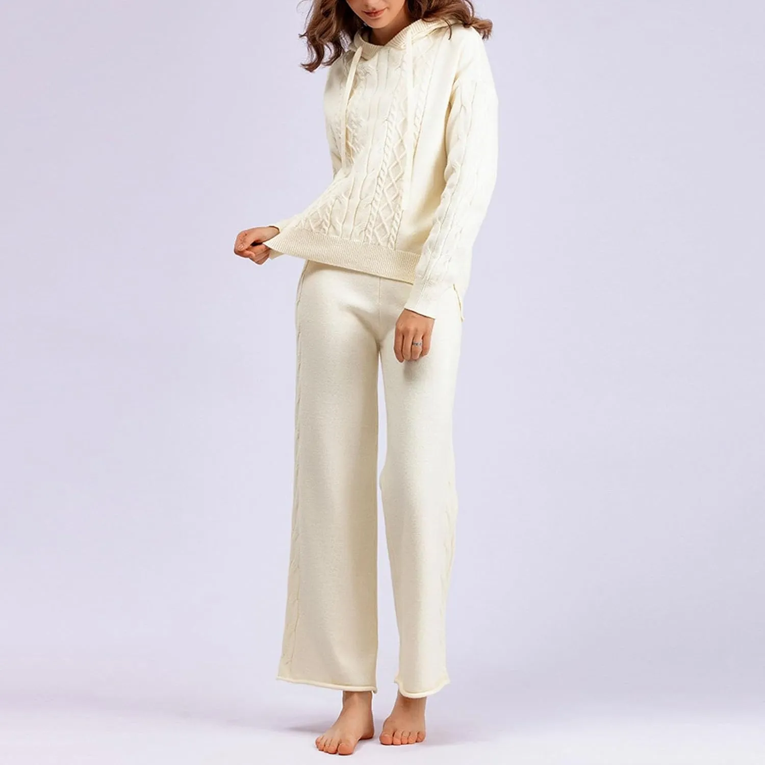 sdbrld Lounge Sets for Women 2 Piece,Womens Lounge Sets Outfit Long Sleeve Hooded Sweater Wide Leg Pants Lounge Set Tracksuit