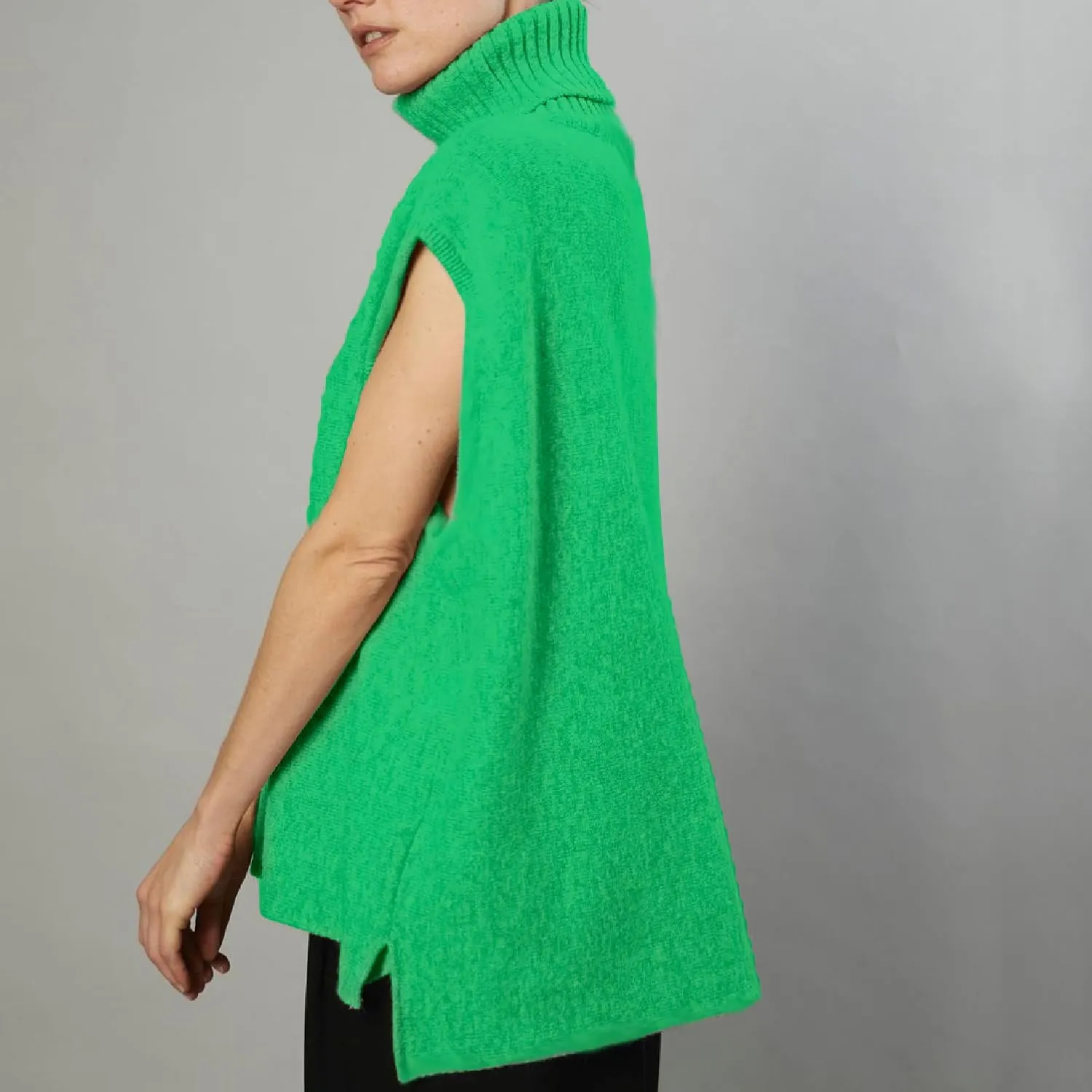 Sdencin Women Turtleneck Oversized Knitted Sweater Vest Sleeveless Split Hem Solid Loose Fit Pullover Tank Top Knitwear
