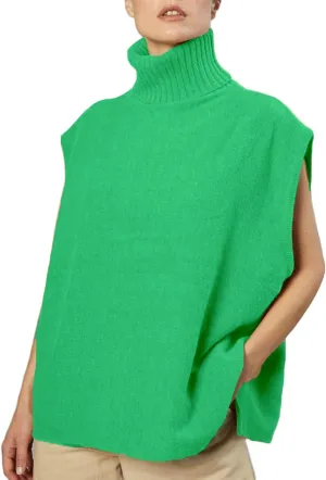 Sdencin Women Turtleneck Oversized Knitted Sweater Vest Sleeveless Split Hem Solid Loose Fit Pullover Tank Top Knitwear