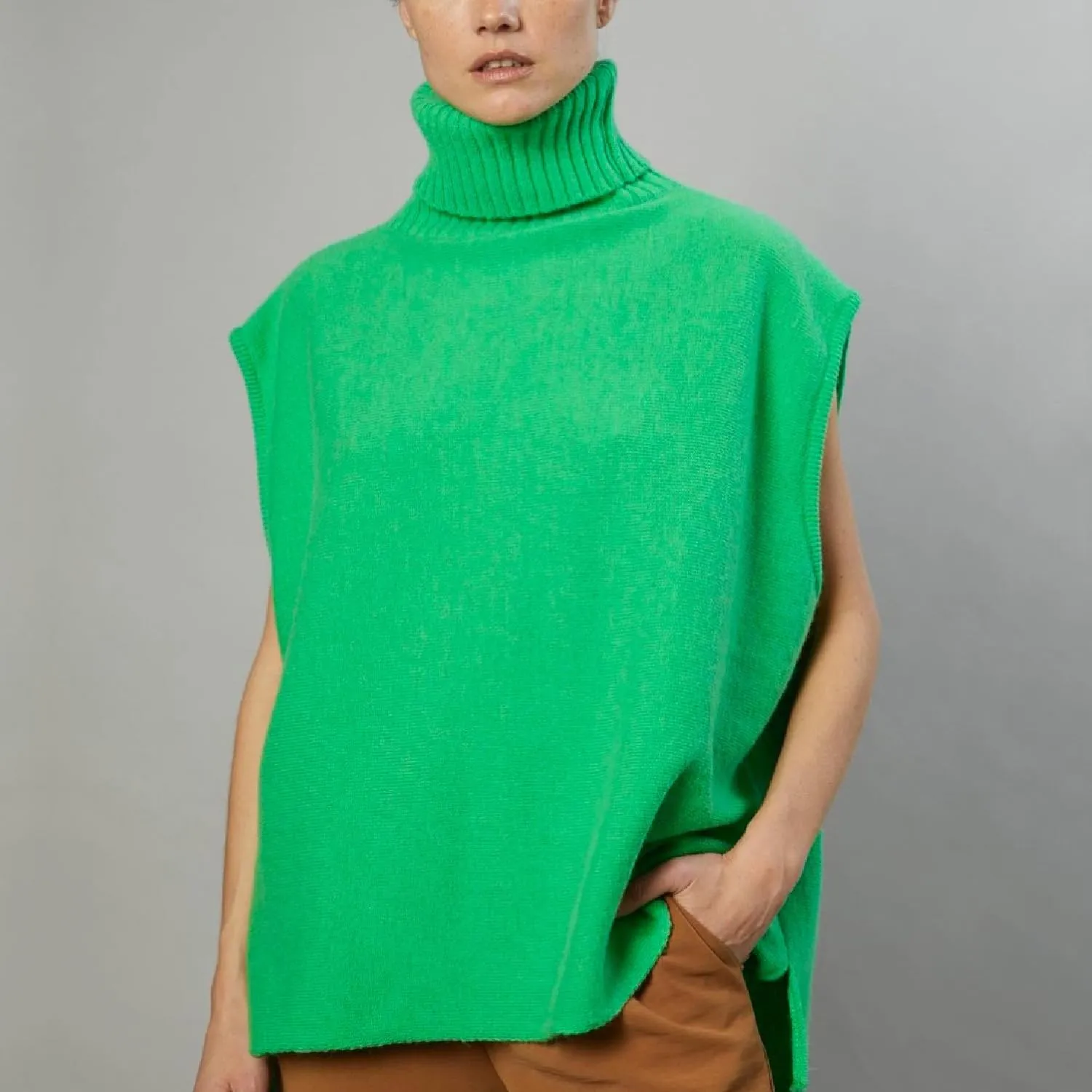 Sdencin Women Turtleneck Oversized Knitted Sweater Vest Sleeveless Split Hem Solid Loose Fit Pullover Tank Top Knitwear