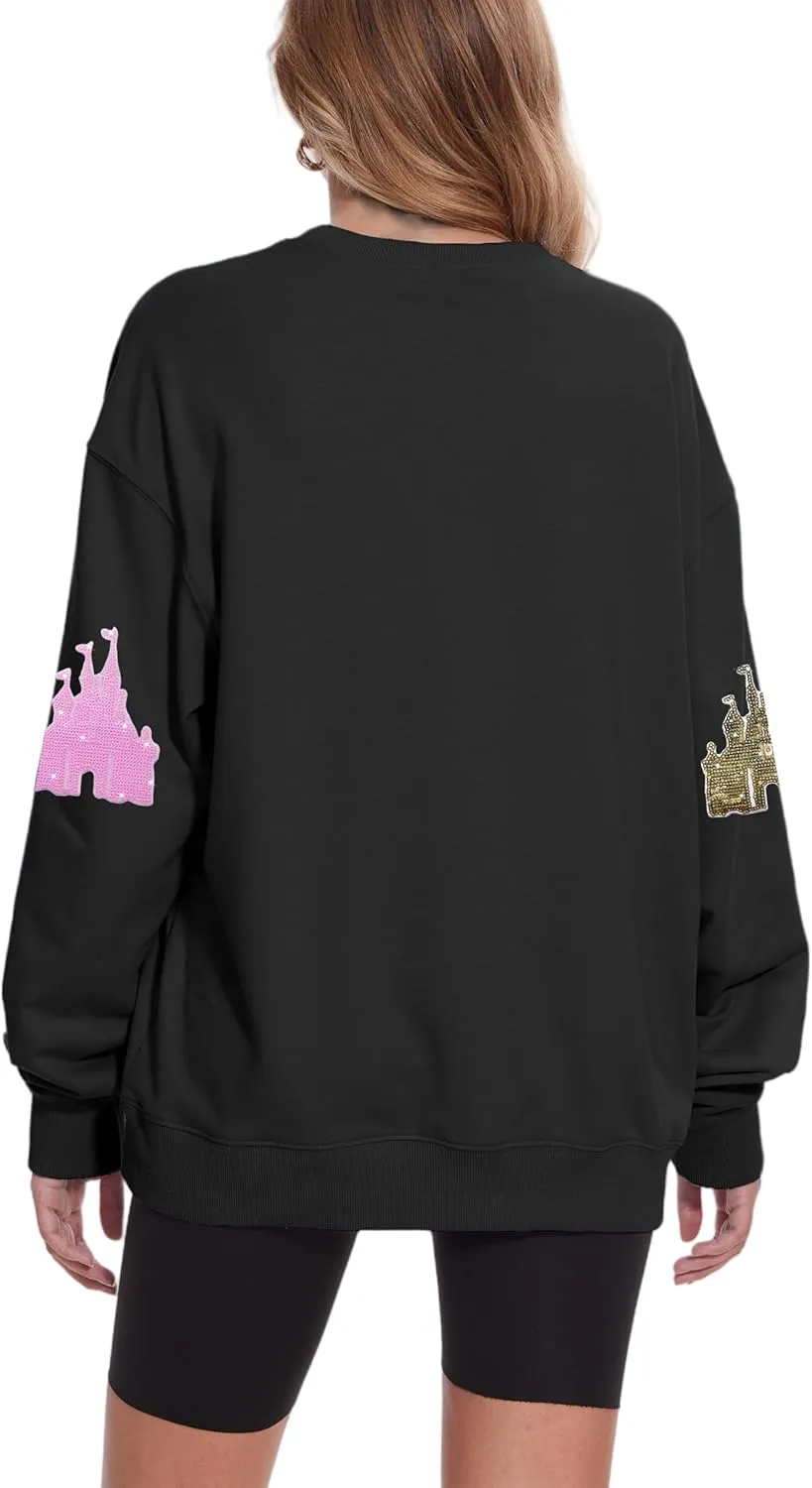 Sequin Magic Kingdom Sweatshirt For Women Sparkle Magical Castle Pullover Oversized Holiday Long Sleeve Tee Shirt Tops
