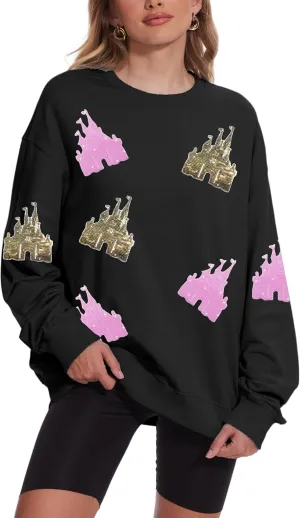 Sequin Magic Kingdom Sweatshirt For Women Sparkle Magical Castle Pullover Oversized Holiday Long Sleeve Tee Shirt Tops