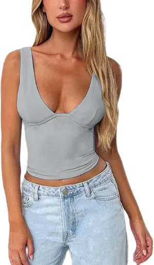 Sexy Deep V Neck Tank Tops Women Y2K Going Out Crop Tops Spaghetti Strap Sleeveless Backless Cami Crop Tanks