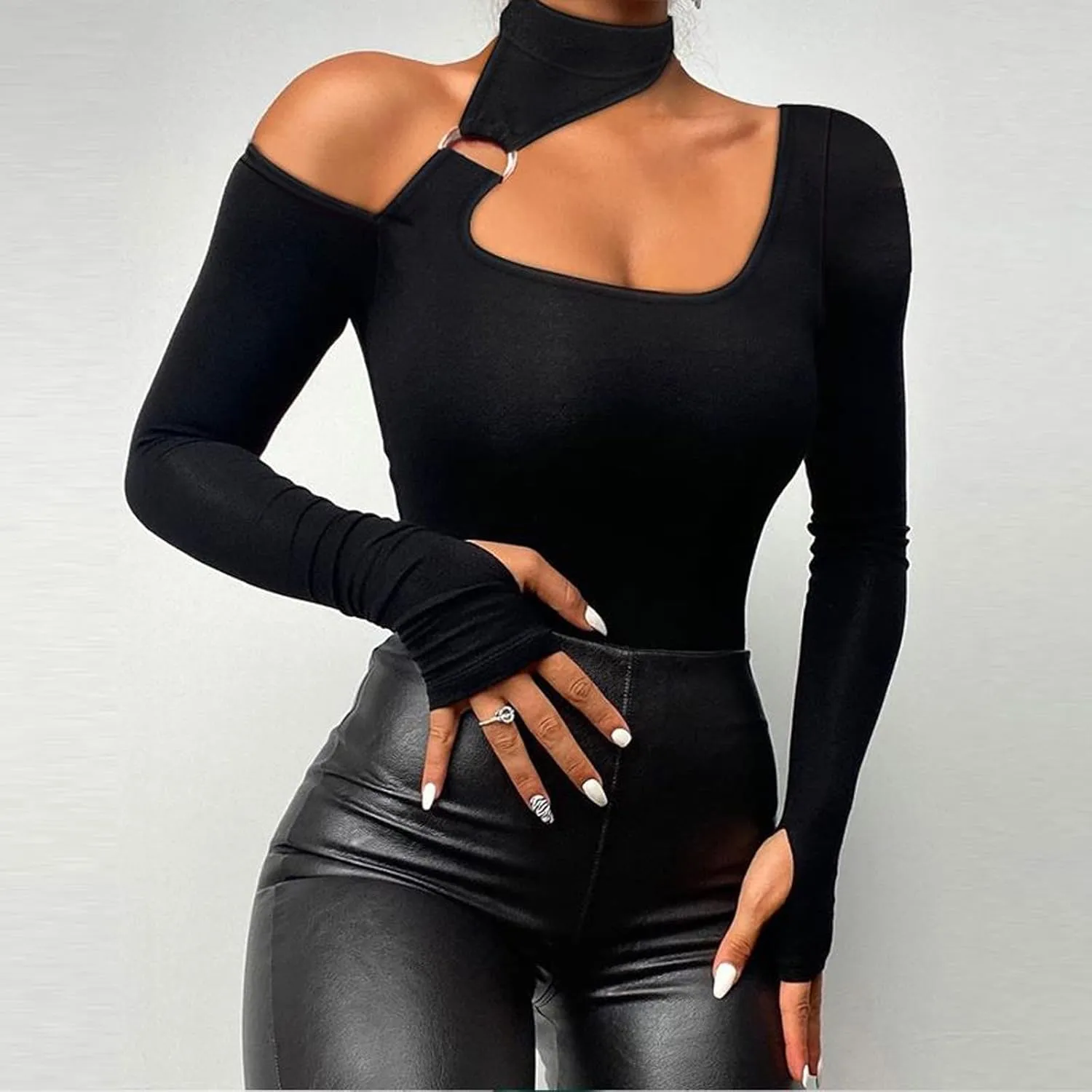Sexy Tops for Women Long Sleeve Crop Top Turtleneck Shirt Cut Out Slim Fit Basic Tops Lace Sleeves with Thumb Hole