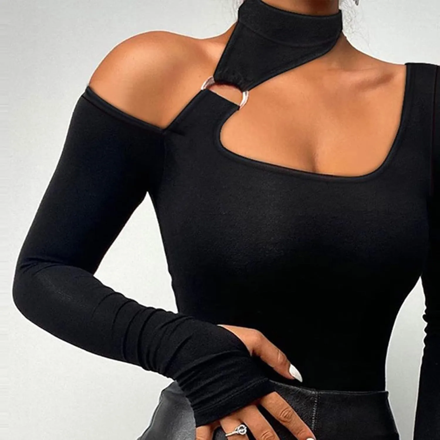 Sexy Tops for Women Long Sleeve Crop Top Turtleneck Shirt Cut Out Slim Fit Basic Tops Lace Sleeves with Thumb Hole