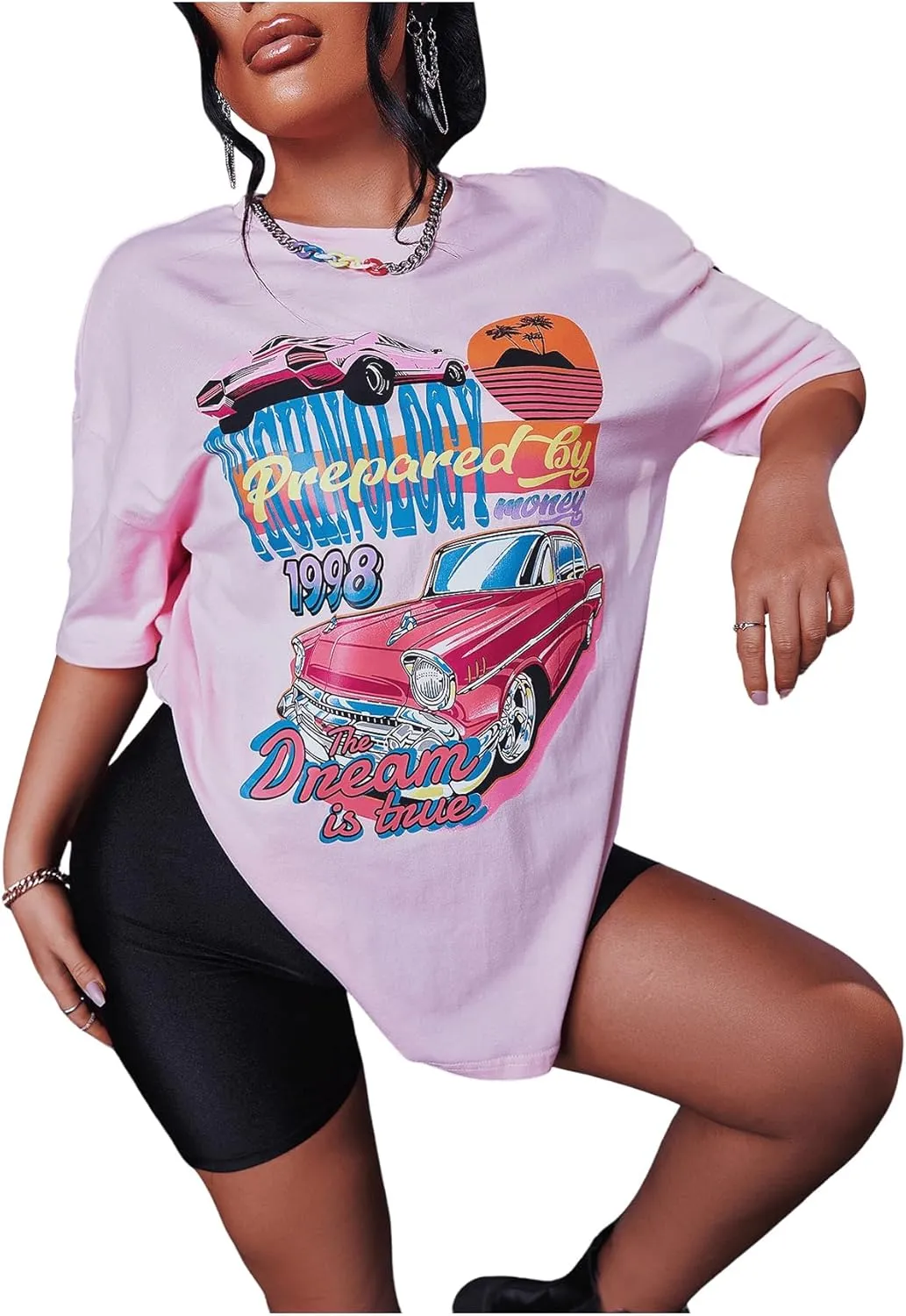 SHENHE Women's Summer Graphic T Shirt Tops Short Sleeve Letter Drop Shoulder Crewneck Shirts Top