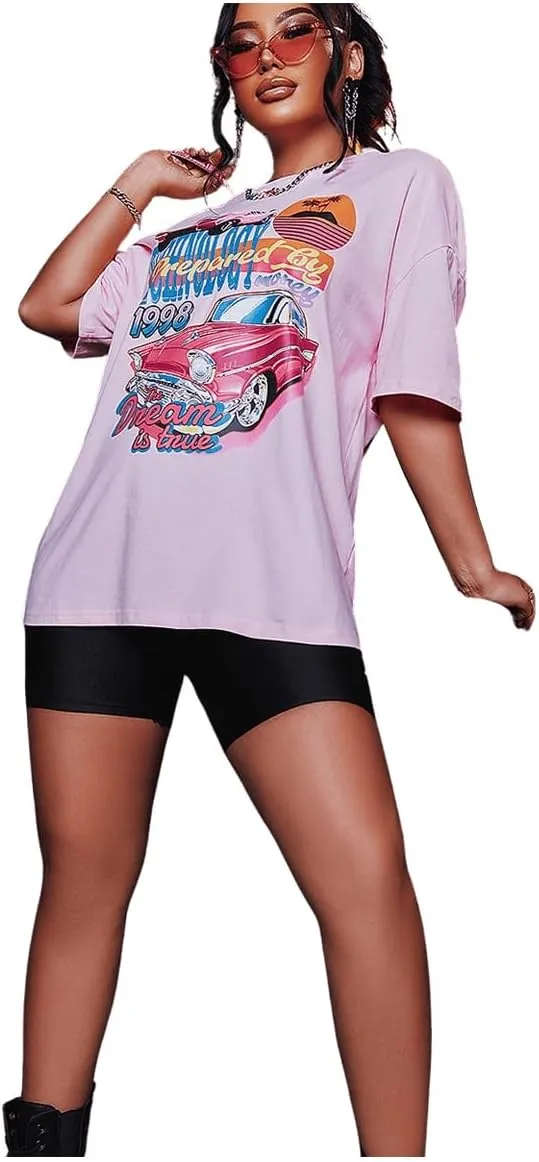 SHENHE Women's Summer Graphic T Shirt Tops Short Sleeve Letter Drop Shoulder Crewneck Shirts Top
