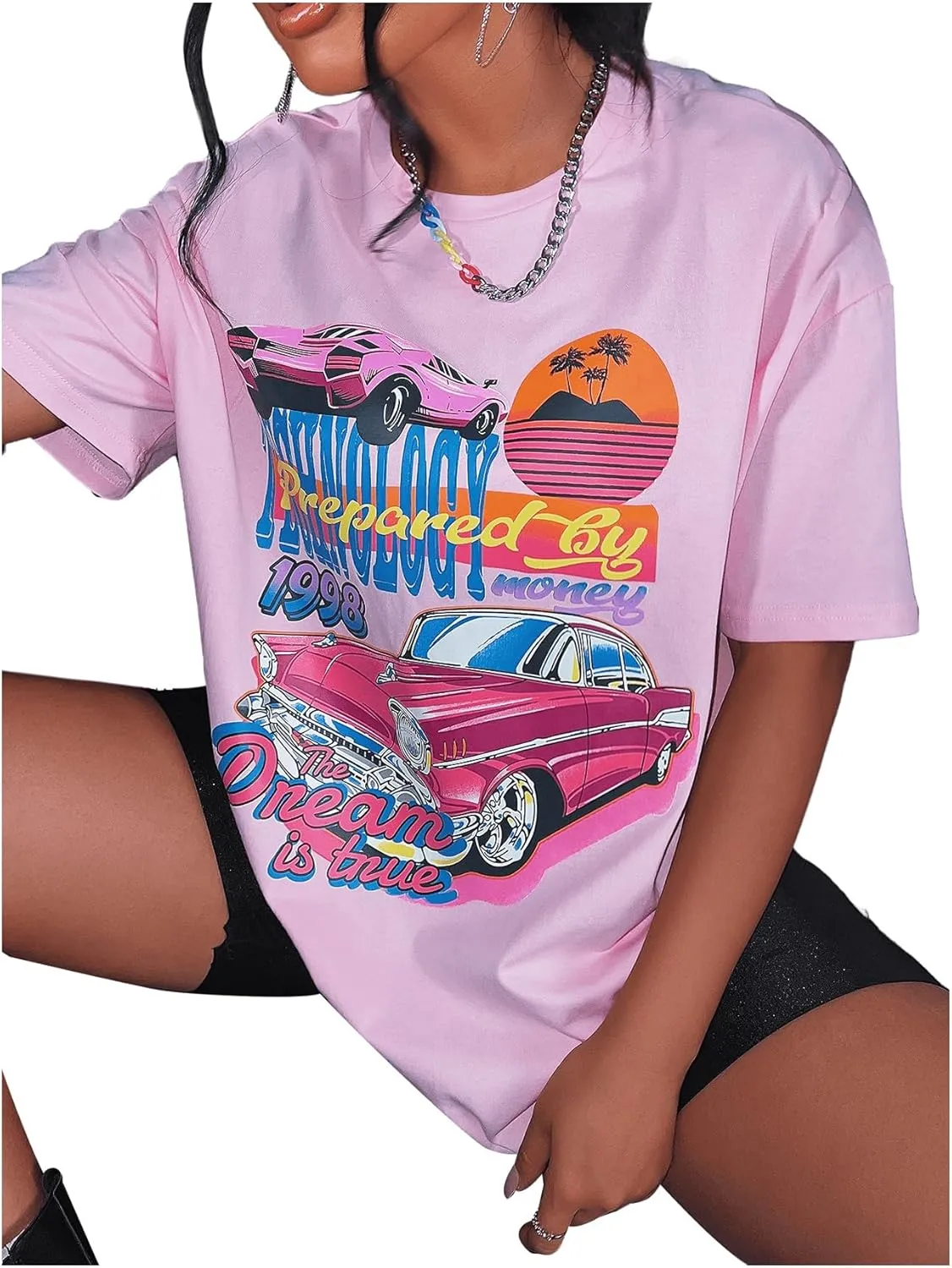 SHENHE Women's Summer Graphic T Shirt Tops Short Sleeve Letter Drop Shoulder Crewneck Shirts Top