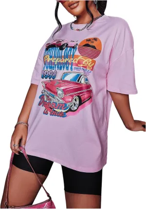 SHENHE Women's Summer Graphic T Shirt Tops Short Sleeve Letter Drop Shoulder Crewneck Shirts Top